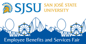 image of amusement park in blue and gold colors; san jose state university logo at the top; the words "employee benefits and services fair" at the bottom